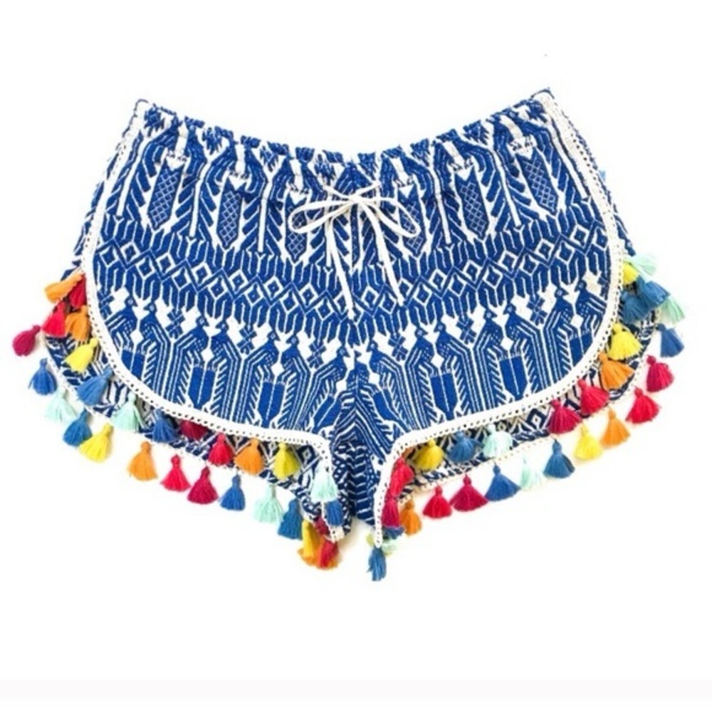 Judith March Blue Geometric Shorts with Colorful Tassels